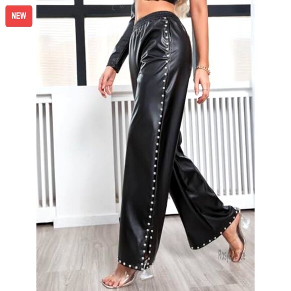 Wide Leg Faux Leather Pants with Rivets, Elastic Waist, Pockets, Casual - Picture 4 of 8